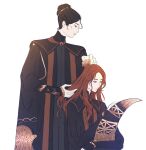  2girls black_hair blue_eyes blue_robe brushing_hair conical_hat dress elden_ring glowing_gem hat highres jewelry long_hair long_sleeves lunar_princess_ranni mother_and_daughter multiple_girls ornate_clothes red_hair rennala_queen_of_the_full_moon robe rottedswans simple_background tall_hat wavy_hair white_background 