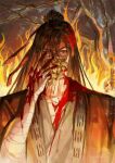  1boy absurdres artist_request bandaged_arm bandaged_chest bandaged_hand bandages bare_tree black_hair blood blood_on_bandages blood_on_clothes blood_on_face blood_on_hands blood_splatter brown_hair burning chinese_commentary coat coin coin_mask coin_on_string collarbone commission covered_mouth dao_gui_yi_xian fire grey_hanfu hair_between_eyes hair_bun hand_on_own_face hand_up highres holed_coin li_huowang long_hair looking_at_viewer male_focus mask mouth_veil open_clothes open_coat red_coat red_eyes robe seal_impression second-party_source single_hair_bun solo tree upper_body veil 