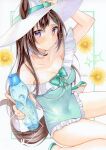  1girl absurdres animal_ears aqua_bow aqua_one-piece_swimsuit aqua_ribbon arm_up blush bottle bow bow_swimsuit breasts character_request cleavage closed_mouth collarbone commentary_request covered_navel flower frilled_one-piece_swimsuit frills hair_ornament hairclip hat hat_ribbon highres holding holding_bottle horse_ears horse_girl horse_tail large_breasts looking_at_viewer marker_(medium) one-piece_swimsuit parted_bangs purple_eyes ribbon shin_kun30 signature sitting solo sun_hat sunflower swimsuit tail traditional_media umamusume water_bottle watermark white_background white_hat yellow_flower 