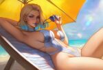  1girl alternate_costume beach beach_umbrella blonde_hair blue_eyes blue_lips blue_sky breasts chair colored_tips day deck_chair emma_frost folding_chair large_breasts looking_at_viewer marvel marvel_rivals multicolored_hair navel one-piece_swimsuit orange_umbrella outdoors selethahartz short_hair sky solo swimsuit umbrella white_one-piece_swimsuit 
