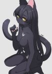  1girl animal_hands animal_nose artist_name black_fur black_hair black_skin black_tail body_fur breasts cat_girl cat_paws cat_tail cleavage colored_skin commentary completely_nude double-parted_bangs expressionless eyelashes furry furry_female grey_background hair_between_eyes hand_up highres long_hair looking_at_viewer medium_breasts meg_(115meg) no_nipples nude original parted_lips pawpads sideways_glance simple_background sitting solo straight_hair symbol-only_commentary tail tail_raised two-tone_fur very_long_hair wariza whiskers white_fur yellow_eyes 