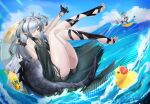  2girls :d absurdres ahoge arknights arm_up bare_legs black_dress black_gloves blue_sky cloud commentary_request crocodilian_tail day dress eugle_na gavial_(arknights) gavial_the_invincible_(arknights) gloves grey_hair hair_over_one_eye hand_up highres large_tail long_hair looking_at_viewer multiple_girls open_mouth partial_commentary rubber_duck sky sleeveless sleeveless_dress smile tail thighs tomimi_(arknights) two_side_up yellow_eyes 