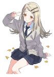  1girl arm_support autumn_leaves black_necktie black_skirt blonde_hair cardigan closed_mouth collared_shirt colored_eyelashes commentary_request cropped_legs dress_shirt earrings feet_out_of_frame flipped_hair gakuen_idolmaster gradient_hair grey_cardigan grey_hair hair_ornament hairclip hand_up highres idolmaster jewelry kousuke0912 leaf long_hair long_sleeves looking_at_viewer miniskirt multicolored_hair necktie orange_eyes parallel_hairclips parted_bangs partially_unbuttoned pleated_skirt shinosawa_hiro shirt simple_background sitting skirt smile solo stud_earrings v white_background white_shirt 