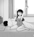  1boy 1girl armpits arms_up barefoot bed blanket blush boku_no_kokoro_no_yabai_yatsu breasts camisole cleavage closed_eyes collarbone dolphin_shorts full_body greyscale hetero highres ichikawa_kyoutarou indoors long_hair medium_breasts mole mole_on_neck monochrome multiple_moles on_bed open_mouth pillow short_hair shorts signature sitting sleepy stretching thighs under_covers waking_up wariza window yamada_anna yawning zeroasann 