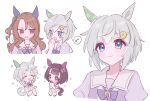  ... 3girls :3 animal_ears arms_behind_head black_hair blue_eyes blush_stickers brown_hair chibi closed_eyes commentary_request ear_covers green_hair hair_ornament hairband hairclip highres horse_ears horse_girl horse_tail jitome king_halo_(umamusume) long_hair looking_at_another looking_to_the_side multiple_girls musical_note nishino_flower_(umamusume) one_side_up open_mouth own_hands_together pink_hair pleated_skirt rsusk189 school_uniform seiun_sky_(umamusume) short_hair single_ear_cover skirt smile spoken_ellipsis spoken_musical_note sweat tail tracen_school_uniform umamusume 
