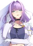  1girl :q absurdres aqua_eyes arm_under_breasts armband black_choker black_shirt blue_eyes blunt_bangs breasts buttons choker coat collarbone crop_top earrings glasses gloves hair_intakes hand_up heaven_burns_red highres higuchi_seika jacket jewelry lab_coat large_breasts licking_lips long_hair long_sleeves looking_at_viewer midriff mole navel necklace negino_yurine open_clothes open_coat open_jacket purple_hair purple_shirt rimless_eyewear shirt sidelocks simple_background smile solo stomach tongue tongue_out upper_body white_background white_coat white_gloves white_jacket 