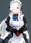  1girl apron artist_name azur_lane belfast_(azur_lane) belfast_(serene_steel)_(azur_lane) braid breasts french_braid gauntlets hair_over_one_eye highres large_breasts long_hair maid maid_apron maid_headdress neck_ribbon official_alternate_costume own_hands_together purple_eyes ribbon rzk_iii simple_background smile white_apron white_hair 
