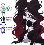  1girl apron bare_shoulders black_hair black_shirt black_thighhighs breasts cleavage colored_sclera english_commentary hazbin_hotel hellaverse highres kaizervenom large_breasts long_hair maid multicolored_hair puffy_short_sleeves puffy_sleeves red_hair red_sclera roo_(hazbin_hotel) shirt short_sleeves sitting smile solo thighhighs twintails two-tone_hair waist_apron white_apron 