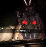  anthro arthropod big_breasts black_body breasts caption car curvy_figure english_text feelers female gesture hi_res huge_breasts insect insect_wings josephsuchus lepidopteran looking_at_viewer moth night nude nude_anthro nude_female outside purple_eyes road solo text thick_thighs vehicle waving wide_hips wings 