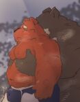  2023 anthro bear belly blush bodily_fluids brown_body bulge clothing duo embrace genital_fluids hi_res hug hugging_from_behind kemono kumazawow male mammal moobs navel nipples overweight overweight_male precum underwear 