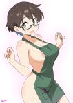  1girl apron areola_slip blue_hair breasts brown_eyes brown_hair commentary_request glasses green_apron highres imari_youko large_breasts multicolored_hair naked_apron rdmai ruri_no_houseki semi-rimless_eyewear short_hair smile solo two-tone_hair under-rim_eyewear 