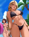  2girls bikini blonde_hair blurry blurry_background bracelet braid braided_ponytail breasts brown_hair day elden_ring gold_bracelet hair_over_one_eye highres holy_meh innertube jewelry large_breasts lips long_hair medium_breasts melina_(elden_ring) multiple_girls navel o-ring o-ring_bikini one_eye_closed outdoors patreon_username queen_marika_the_eternal short_hair silver_bikini swim_ring swimsuit yellow_eyes 