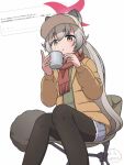  1girl alternate_costume animal_ears blue_archive commentary_request commission cup feet_out_of_frame green_sweater grey_hair hat highres holding holding_cup jacket long_hair looking_at_viewer michiru_(blue_archive) mugisepa raccoon_ears raccoon_girl raccoon_tail red_scarf request_inset scarf simple_background sitting sweater tail thick_eyebrows white_background yellow_eyes 