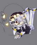 bedroom_eyes bow_ribbon clothing crossed_legs disassembly_drone femboy glitch_productions grey_background grey_hair hair hat headgear headwear heart_symbol hi_res humanoid legs_up looking_at_viewer lying machine maid_uniform male murder_drones n_(murder_drones) narrowed_eyes neon on_front rarapupi robot robot_humanoid screen_eyes seductive sharp_tail simple_background smile smiling_at_viewer solo tail uniform white_body yellow_eyes