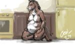 2025 abdominal_bulge anthro appliance belly bodily_fluids breasts brown_body brown_fur colored dated equid equine female fur hair hi_res horse inside jeri_kleinlowe jewelry kitchen kitchen_appliance kneeling mammal necklace nipples oven saliva signature solo vore white_body white_fur