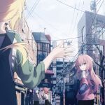  4girls absurdres alternate_costume awomomiji blonde_hair blue_eyes blue_hair bocchi_the_rock! building casual commentary_request day gotoh_hitori green_eyes green_shirt grey_shirt hand_in_pocket hand_up highres holding_hands ijichi_nijika kessoku_band kita_ikuyo long_hair long_sleeves looking_at_another looking_back medium_hair multiple_girls outdoors overcast parted_lips photo_background pink_hair pink_shirt power_lines red_hair shirt short_sleeves sky standing urban utility_pole waving yamada_ryo 