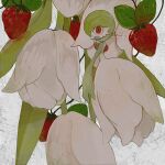  bob_cut clothed_pokemon colored_skin flower food fruit gardevoir green_hair green_skin hair_over_one_eye highres li04r multicolored_skin one_eye_covered pokemon pokemon_(creature) strawberry two-tone_skin white_flower white_skin 