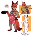 2024 aloha_shirt anthro apron belly big_belly bodily_fluids bottomwear brown_body brown_fur canid canine clothing cotton_tail dialogue dipstick_tail disney duo female fox fur geometric_background green_eyes grey_body grey_fur hand_on_belly hand_on_hip hi_res holding_pan judy_hopps lagomorph leporid male mammal markings necktie nick_wilde orange_body orange_fur pan pants pattern_clothing pattern_shirt pattern_topwear plantigrade pregnant pregnant_male rabbit shirt simple_background sketch_page spanish_text speech_bubble sweat sweatdrop tail tail_markings tan_body tan_fur text topwear translated viat_on zootopia