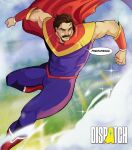  1boy biceps cape copyright_name dispatch english_commentary english_text facial_hair flying grin highres kauv_(k4uvpix) male_focus muscular muscular_male mustache phenomaman red_cape smile speech_bubble superhero_costume 