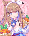  +_+ 1girl almond_eye_(umamusume) animal_ears blue_eyes blue_gloves blush bow_hairband braid braided_sidelocks breasts brown_hair carrot closed_mouth colored_inner_hair crepe crerpe detached_sleeves dress fingerless_gloves food food_on_face gloves hair_between_eyes hair_ornament hairband hairclip heart highres holding holding_crepe holding_food horse_ears horse_girl kan_lee long_hair looking_at_viewer multicolored_hair smile solo symbol-shaped_pupils tongue tongue_out umamusume upper_body white_hairband x-shaped_pupils 