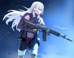  1girl absurdres ak-15 ak-15_(girls&#039;_frontline) assault_rifle black_background blue_background closed_mouth commentary covered_navel cowboy_shot floating_hair girls&#039;_frontline gradient_background gun highres holding holding_gun holding_weapon kalashnikov_rifle pants pouch purple_eyes rifle ruppu simple_background solo trigger_discipline two-tone_background weapon white_hair 