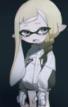  1girl blonde_hair braid crying crying_with_eyes_open fingerless_gloves gloves grey_eyes hair_over_shoulder highres inkling long_sleeves looking_at_viewer migihidari_(puwako) open_mouth pointy_ears solo splatoon_(series) tears tentacle_hair white_gloves 