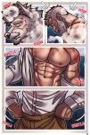 abs absurd_res age_difference anthro barazoku beard bottomwear canid canine cl.rudolph clothing comic dressing eyebrows eyes_closed facial_hair fur hair hi_res humanoid male male/male mammal mr.horton muscular muscular_male mustache mythological_canine mythological_creature mythology navel nipples older_male pants pecs scar shirt solo species_transformation topwear transformation vein werecanid werecanine werecreature werewolf white_body white_fur white_hair