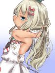  1girl akino_shuu artist_name blonde_hair blue_background blue_eyes bow closed_mouth commentary_request dress from_side gradient_background grecale_(kancolle) hair_bow kantai_collection long_hair neckerchief red_bow red_neckerchief sailor_collar sailor_dress sleeveless sleeveless_dress solo striped_neckerchief twitter_username tying_hair white_dress white_sailor_collar 