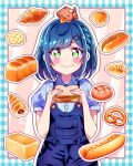  1girl :t animal_on_head blue_eyes blue_hair blue_overalls blue_shirt blush braid bread closed_mouth croissant delicious_party_precure dog dog_on_head dress_shirt eating food fuwa_kokone hair_ornament hairclip highres hot_dog kyoutsuugengo looking_at_viewer medium_hair on_head overalls pam-pam_(precure) plaid plaid_shirt precure pretzel sandwich shirt short_sleeves single_braid solo 