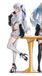  2girls absurdres blue_eyes breasts bronya_zaychik covered_navel full_body grey_hair high_heels highleg highres honkai_(series) honkai_impact_3rd long_hair long_legs mask mouth_mask multiple_girls side_ponytail skindentation small_breasts solo standing standing_on_one_leg theresa_apocalypse thighhighs white_thighhighs yiduan_zhu 