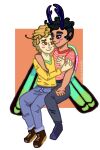  2020 aggie.io_(artwork) aliasing animal_humanoid antennae_(anatomy) arm_around_another arthropod arthropod_humanoid beetle_humanoid black_eyebrows black_eyes black_hair blonde_hair blue_bottomwear blue_clothing blue_jeans blue_pants blush bottomwear brown_clothing brown_eyebrows brown_footwear brown_shoes capegloam cel_shading clothed clothing denim denim_bottomwear denim_clothing digital_drawing_(artwork) digital_media_(artwork) duo eye_contact eyebrows footwear full-length_portrait fully_clothed hair hug hugging_another humanoid humanoid_hands insect insect_humanoid insect_wings jeans looking_at_another male male/male pants pink_blush portrait red_clothing red_eyes red_shirt red_topwear shaded shirt shoes short_hair sitting topwear wings yellow_clothing yellow_shirt yellow_topwear 