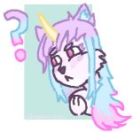  2020 :&lt; aggie.io_(artwork) aliasing anthro blue_hair blue_inner_ear_fluff bust_portrait canid canine capegloam digital_drawing_(artwork) digital_media_(artwork) eyebrows female fur hair horn inner_ear_fluff low_res mammal multicolored_hair pink_body pink_eyes pink_fur pink_hair portrait purple_eyebrows purple_hair question_mark solo tuft unicorn_horn yellow_horn 