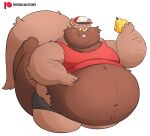  2023 anthro belly big_belly bottomwear brown_body clothing eating food fruit generation_8_pokemon greedent hat headgear headwear hi_res humanoid_hands male nintendo obese obese_male overweight overweight_male plant pokemon pokemon_(species) shirt shorts solo stompsthecroc topwear 