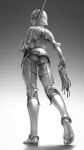  1girl absurdres anus armor barefoot breastplate closed_mouth from_behind greaves greyscale highres holding holding_sword holding_weapon looking_at_viewer looking_back monochrome original profile pussy short_hair sideways_glance smile solo sword uncensored wassnonnam weapon 