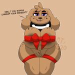  2020 absurd_res anthro bdsm big_breasts big_butt bondage bound bow_ribbon breasts brown_body brown_fur butt canid canine canis collar digital_drawing_(artwork) digital_media_(artwork) domestic_dog female floppy_ears freckles fur hi_res huge_breasts mammal narrowed_eyes purple_eyes ribbon_bondage ribbons solo sprinkles_(thehoneybutter) sudsypup text thick_thighs wide_hips 