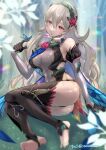  1girl ass bare_shoulders black_gloves black_panties black_thighhighs blurry breasts bug butterfly corrin_(female)_(fire_emblem) corrin_(fire_emblem) covered_navel depth_of_field dress elbow_gloves fire_emblem fire_emblem_fates flower gloves hair_flower hair_ornament hairband large_breasts long_hair looking_at_animal official_alternate_costume panties panty_straps pointy_ears red_eyes see-through sleeveless sleeveless_dress sleeveless_turtleneck smile snow20200 solo thighhighs toeless_legwear turtleneck turtleneck_dress twitter_username underwear 