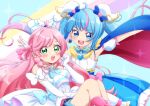 2girls ahoge ascot blue_eyes blue_hair blush bow cape commentary_request cure_prism cure_sky dress earrings elbow_gloves fingerless_gloves gloves green_eyes hair_bow hakumai_konatsu highres hirogaru_sky!_precure jewelry long_hair magical_girl multiple_girls nijigaoka_mashiro open_mouth pink_bow pink_hair precure single_sidelock smile sora_harewataru twintails two-sided_cape two-sided_fabric very_long_hair white_ascot white_bow white_dress white_gloves wing_hair_ornament 