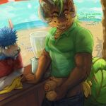 absurd_res alpaca animal_genitalia anthro appliance balls banana banana_peel beach beverage blender_(machine) blue_body blue_fur blush bodily_fluids bottomwear bottomwear_down brown_body brown_fur camelid canine_genitalia clothed clothing dialogue drooling duo elemental_creature english_text flora_fauna food fruit fur genitals grass_hair grey_body grey_fur hi_res holding_balls horn hybrid kalei_(hydro19) kitchen_appliance kobold kodet_01 leaf leaf_tail looking_at_genitalia male male/male mammal pants pants_down partially_clothed plant romeo_(inkwell_plume) saliva scalie sea sheath smoothie sweat sweatdrop tail text unprofessional_behavior water