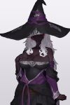  1girl absurdres black_dress black_hat black_nails black_skin blush breasts cleavage closed_mouth colored_skin dress ekrea_jan elden_ring elden_ring_nightreign embarrassed hat hat_over_eyes highres large_breasts large_hat long_hair off-shoulder_dress off_shoulder recluse_(elden_ring) simple_background solo white_background white_hair witch witch_hat 