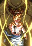  2boys a_(mitei7926) aura black_vest blonde_hair blue_sash cowboy_shot cropped_vest dragon_ball dragon_ball_z energy_ball gogeta halo highres janemba male_focus medium_hair metamoran_vest multiple_boys muscular muscular_male no_shirt open_clothes open_vest pants sash spiked_hair super_saiyan super_saiyan_1 vest white_pants yellow_halo 