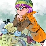  1boy 1girl bike_shorts_under_skirt blue_eyes chrono_trigger closed_mouth dated glasses helmet lucca_ashtear misodiru purple_hair robo_(chrono_trigger) robot scarf short_hair skirt smile 