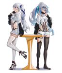  2girls absurdres asymmetrical_legwear black_thighhighs blue_eyes breasts bronya_zaychik covered_navel full_body ginklaga grey_eyes grey_hair high_heels highleg highres honkai_(series) honkai_impact_3rd long_hair long_legs mask mouth_mask multiple_girls no_shoes pink_pupils side_ponytail skindentation small_breasts standing standing_on_one_leg theresa_apocalypse thighhighs white_thighhighs yiduan_zhu 