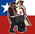 anthro barazoku beard black_body black_fur blush body_hair brown_body brown_fur canid canine canis chad_harman chile chilean_flag chin_grab chupalla clothing dobermann domestic_dog duo facial_hair fangs fred_kent fur german_shepherd hat headgear headwear herding_dog hi_res home_zomewhere_else huaso hybrid male male/male mammal mastiff molosser muscular muscular_anthro muscular_male mustache orange_body orange_fur pastoral_dog pinscher rottweiler smile solo spanish_description straw_hat tail tail_motion tailwag teeth yellow_body yellow_fur zordykeaboo