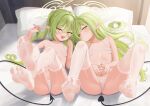  2girls :d absurdres black_tail blue_archive bra breasts closed_mouth collarbone commentary_request demon_girl demon_tail fang feet full_body green_hair green_halo halo head_on_pillow highres hikari_(blue_archive) legs_up long_hair looking_at_viewer lying micro_bra multiple_girls navel no_shoes nozomi_(blue_archive) on_back open_mouth paid_reward_available panties pillow pointy_ears siblings sisters skin_fang small_breasts smile soles spread_toes string_bra string_panties tail thighhighs toenails toes toki913710 twins twintails underwear underwear_only variant_set white_bra white_panties white_thighhighs yellow_eyes 