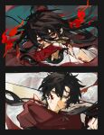  2boys absurdres bandaged_arm bandages black_hair blood blood_on_clothes blood_on_face blood_on_hands broken_mask chinese_commentary closed_mouth coat coin coin_mask covered_mouth creature crossover dao_gui_yi_xian fire floating_hair grey_hanfu hair_between_eyes hair_bun half_updo highres holding holding_umbrella holding_weapon holed_coin li_huowang li_sui_(tentacles) long_hair long_sleeves looking_at_viewer low_ponytail magma991122 male_focus mask messy_hair mouth_hold mouth_veil multiple_boys over_shoulder ponytail quanzhi_gaoshou red_coat red_eyes red_scarf scarf single_hair_bun smile split_screen stalk_in_mouth tentacles tentacles_under_clothes torn_clothes umbrella veil weapon ye_xiu yellow_eyes 