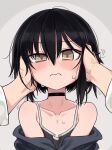  1boy 1girl bare_shoulders black_camisole black_choker black_hair blush camisole choker closed_mouth collarbone hands_on_another&#039;s_cheeks hands_on_another&#039;s_face looking_at_viewer null_(nyanpyoun) off_shoulder original pov pov_hands short_hair simple_background solo_focus straight-on sweatdrop v-shaped_eyebrows yellow_eyes 