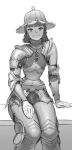  1girl absurdres armor breastplate closed_mouth freckles greaves greyscale helmet highres looking_at_viewer medium_hair monochrome original pauldrons shoulder_armor sitting smile solo wassnonnam 