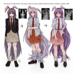  1girl animal_ears black_jacket black_shoes blazer bobby_socks carrot_pin commentary_request english_text full_body holding_own_arm jacket multiple_views necktie orange_skirt pink_skirt rabbit_ears rabbit_girl red_eyes red_necktie reisen_udongein_inaba shirt shoes simple_background skirt socks standing touhou white_background white_shirt white_skirt white_socks x-ray yukine_0930 