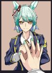  1girl absurdres animal_ears closed_mouth colored_inner_hair ear_ornament ear_ribbon eyebrows_hidden_by_hair female_pov fingernails fujimasa_march_(umamusume) green_hair green_nails hand_on_mirror hand_on_own_chest hands_up highres horse_ears jacket jose_(joseeidossei) light_smile long_sleeves looking_at_viewer multicolored_eyes multicolored_hair multiple_girls nail_polish parted_bangs pov pov_hands red_eyes reflection reflection_focus ribbon shirt short_hair simple_background solo straight-on two-tone_eyes umamusume umamusume:_cinderella_gray v-shaped_eyebrows white_hair yellow_eyes 