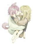  1boy 1girl animal_ears bare_legs blue_sweater brown_sweater cat_ears cat_tail closed_eyes closed_mouth green_hair highres kamishiro_rui kusanagi_nene long_hair low-tied_sidelocks multicolored_hair open_mouth project_sekai purple_hair sidelocks simple_background sitting sitting_on_lap sitting_on_person smile streaked_hair sweater tail undodo_0 white_background 